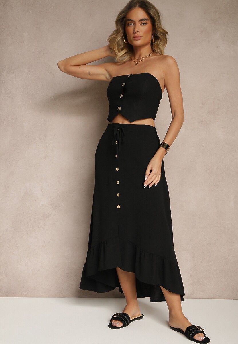 Niebieska Spódnica z Przedłużonym Tyłem Zdobiona Falbanami i Guzikami Maleira