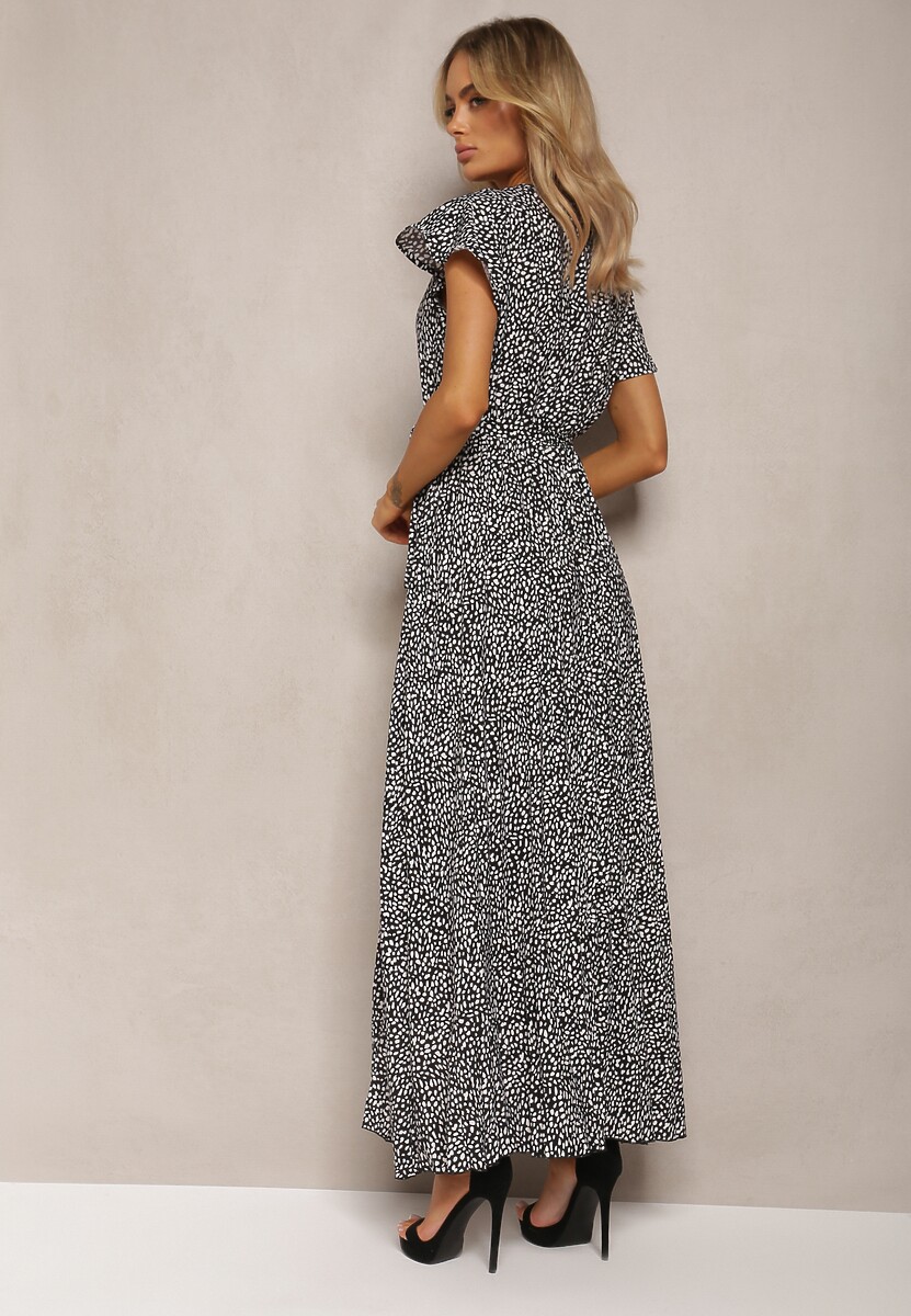 Czarno-Biała Sukienka Maxi z Gumką w Pasie i Kopertowym Dekoltem w Kropki Miretell