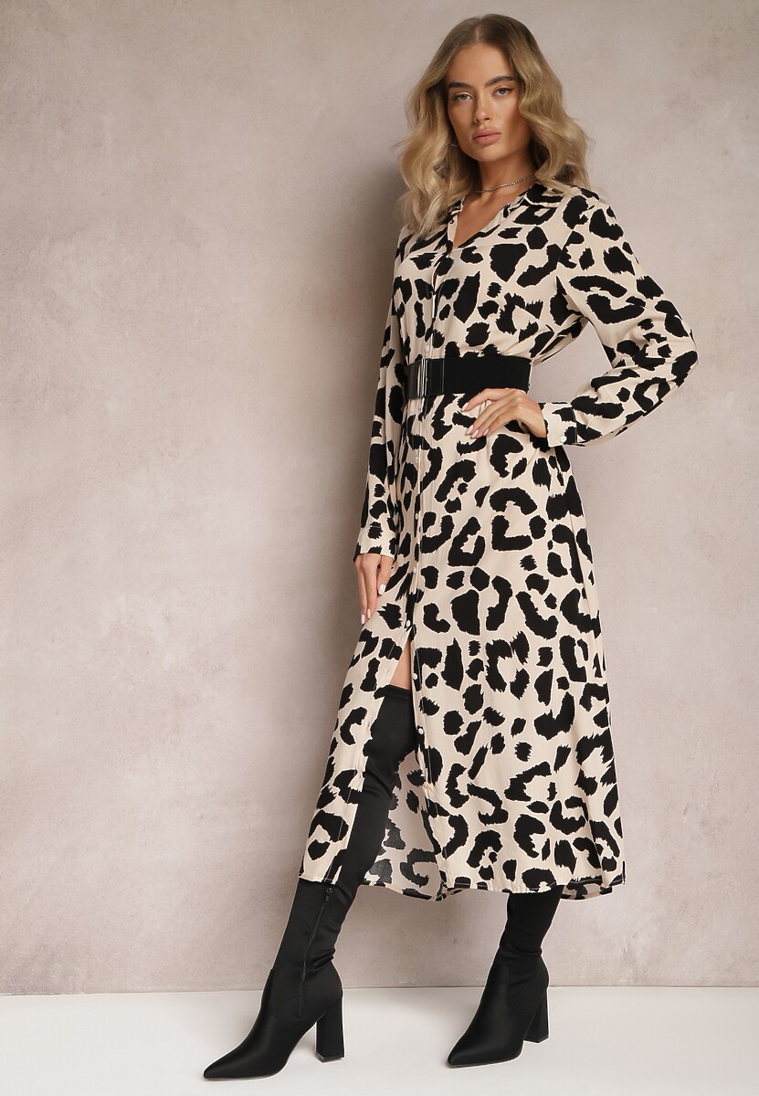 Beżowo-Czarna Sukienka Koszulowa w Cętki z Paskiem Canahy