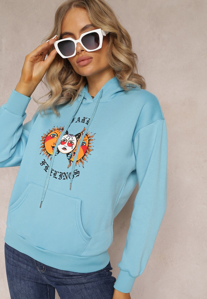 Jasnoniebieska Bluza Kangurka z Nadrukiem i Kapturem Uvella