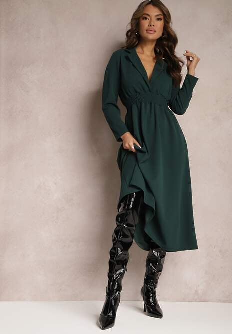 Ciemnozielona Sukienka Midi o Rozkloszowanym Fasonie z Trójkątnym Dekoltem i Gumką w Pasie Lunaia