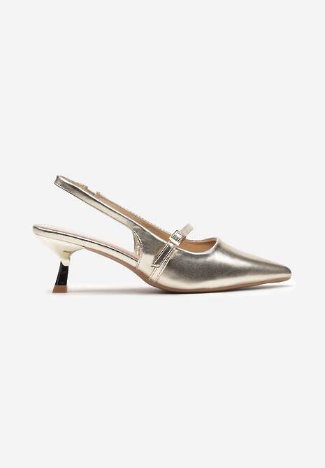 Złote Sandały z Odkrytą Piętą na Obcasie Kaczuszka Zapinane na Sprzączkę Alluana