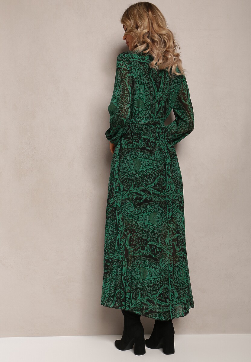 Ciemnozielona Sukienka Rozkloszowana z Wiązanym Paskiem Blerore