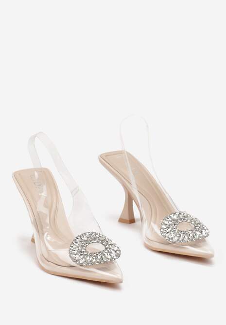 Beżowe Przeźroczyste Sandały na Szpilce z Klamrą z Cyrkonii Orchia