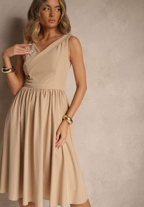 Beżowa Basicowa Sukienka Vices o Rozkloszowanym Kroju Tolaneia