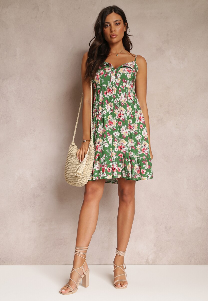 Zielona Rozkloszowana Sukienka z Guzikami w Kwiaty z Wiskozy Serilda
