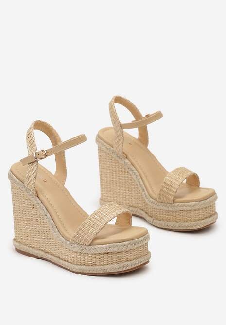 Beżowe Sandały z Plecionki na Koturnie ze Sprzączką Odira