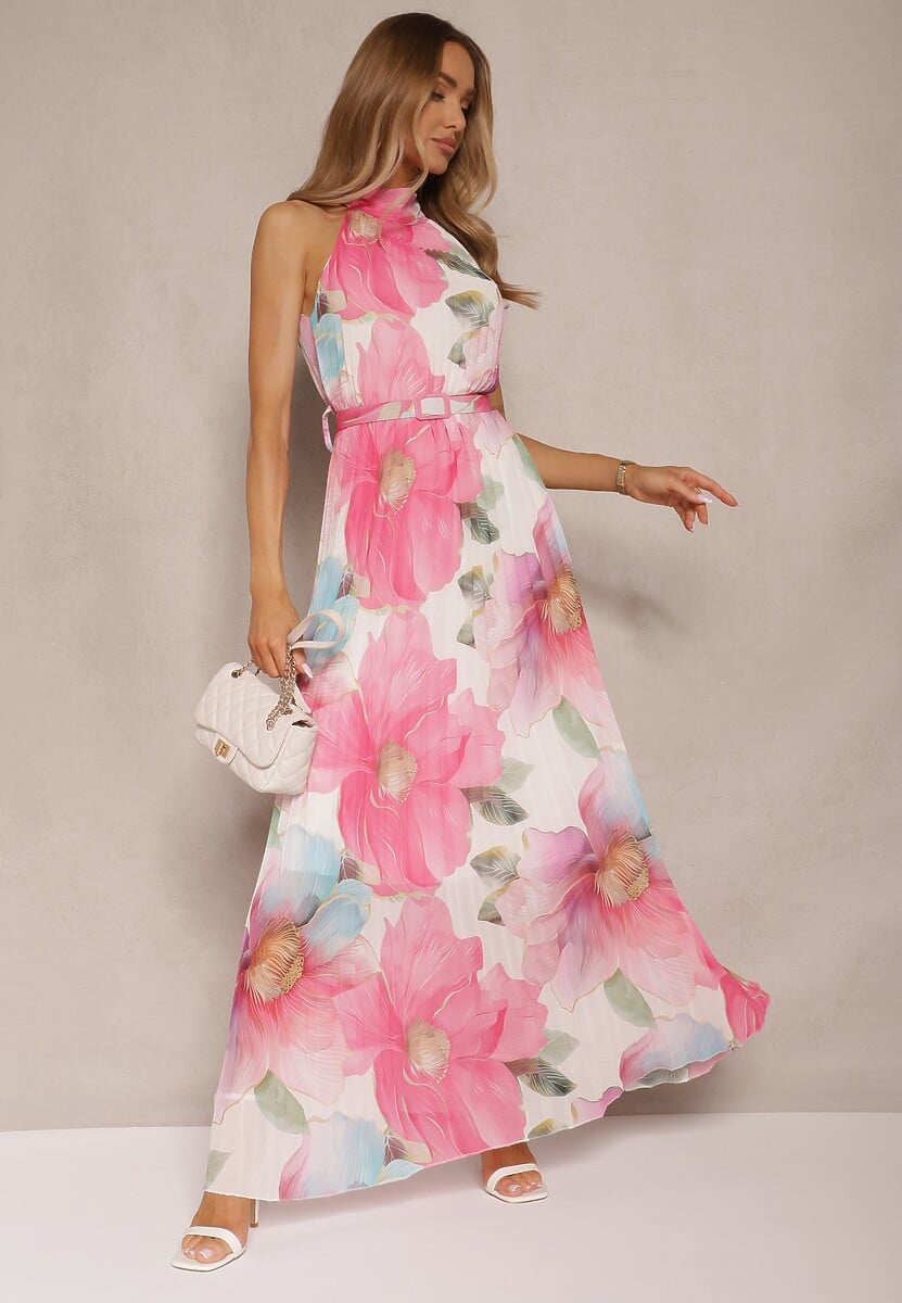 Różowa Plisowana Sukienka z Wiązaniem i Paskiem z Klamrą Nitolia