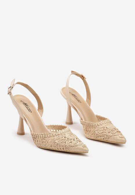 Beżowe Sandały Slingback na Klepsydrowej Szpilce ze Szpiczastym Noskiem z Plecionki Ucemia