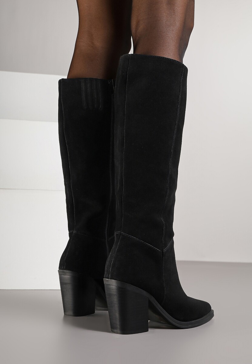 Czarne Skórzane Kozaki na Słupku Realinae