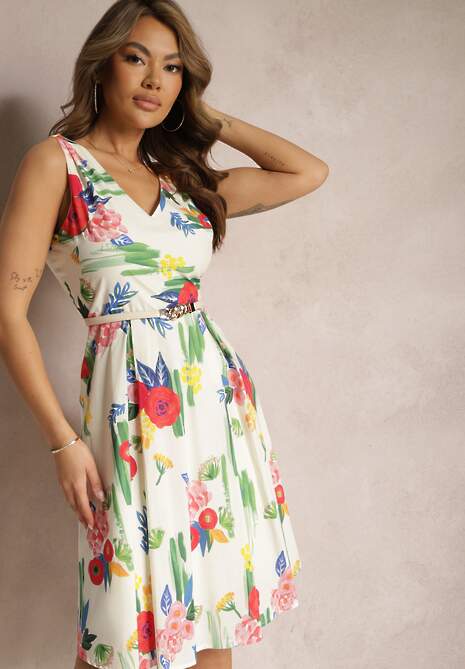 Biała Sukienka z Bawełny o Rozkloszowanym Fasonie w Kwiecisty Wzór Arunica