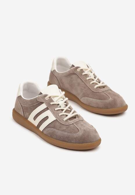 Brązowe Sneakersy Tenisówki ze Skóry Naturalnej z Geometrycznym Wzorem Carolie