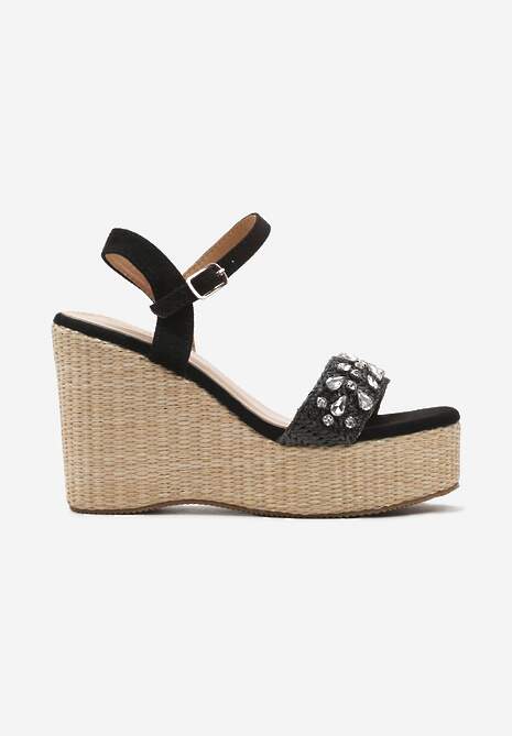 Czarne Sandały na Koturnie i Platformie z Plecionki z Cyrkoniami i Sprzączką Ridala