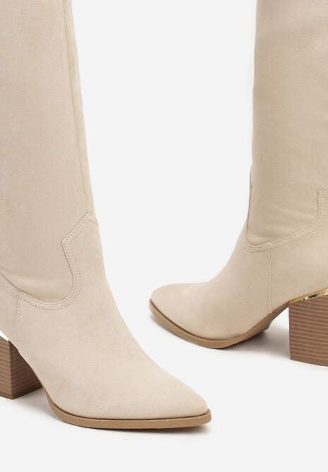 Beżowe Kozaki Vices na Słupku Ozdobione Metaliczną Wstawką Moriane