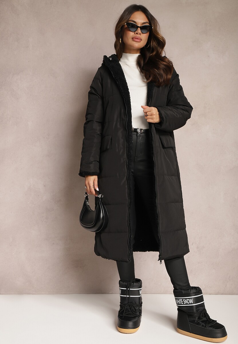 Czarna Ocieplana Kurtka Płaszcz Dwustronna z Kapturem Arisce