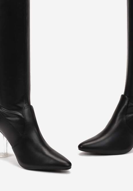 Czarne Dopasowane Kozaki za Kolano na Transparentnym Obcasie Celline