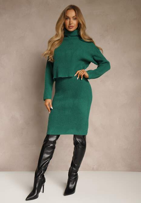 Zielony Dzianinowy Komplet z Bawełną i Wełną Dopasowana Sukienka i Golf Reinissa