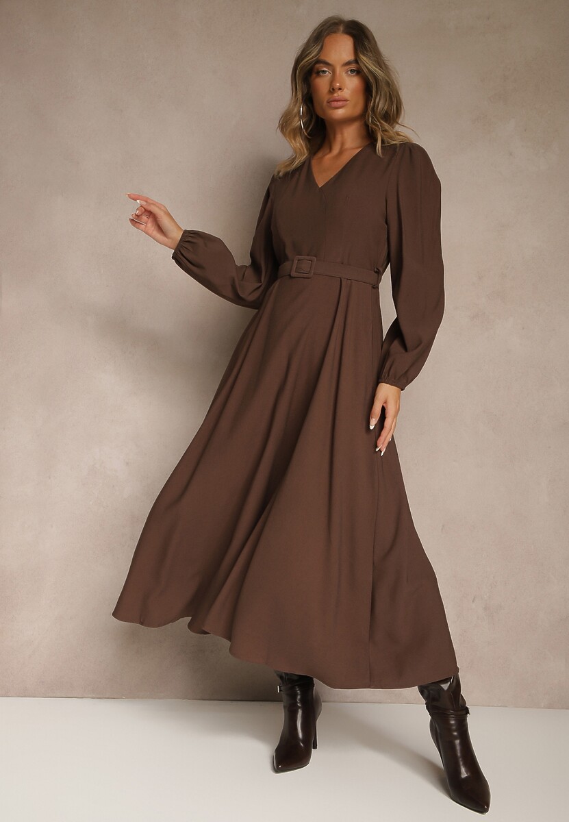 Brązowa Rozkloszowana Sukienka z Wiskozy z Paskiem ze Sprzączką Orille