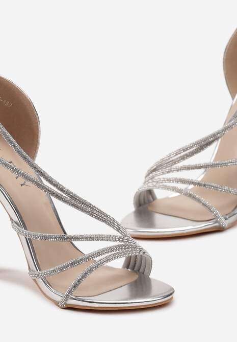 Srebrne Asymetryczne Sandały na Szpilce Zdobione Cyrkoniami Aarnia
