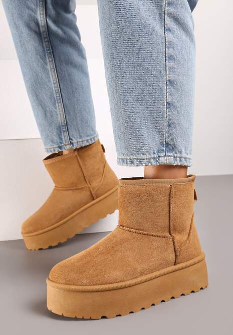 Brązowe Śniegowce za Kostkę na Platformie Ocieplane Futerkiem Divena