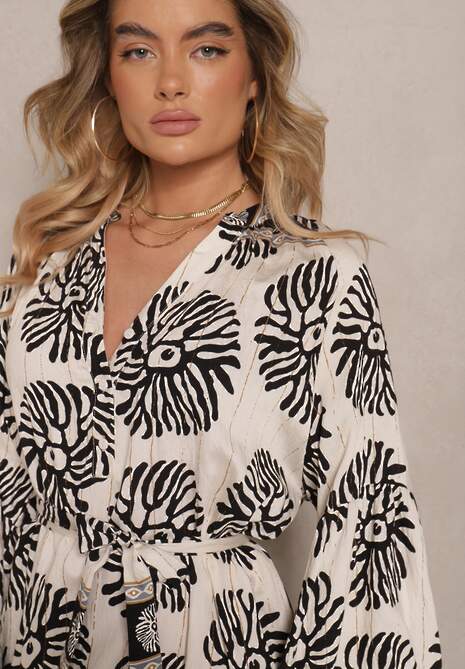 Czarna Sukienka Oversize z Wiskozy z Paskiem Zdobiona Etnicznym Printem Velsekia