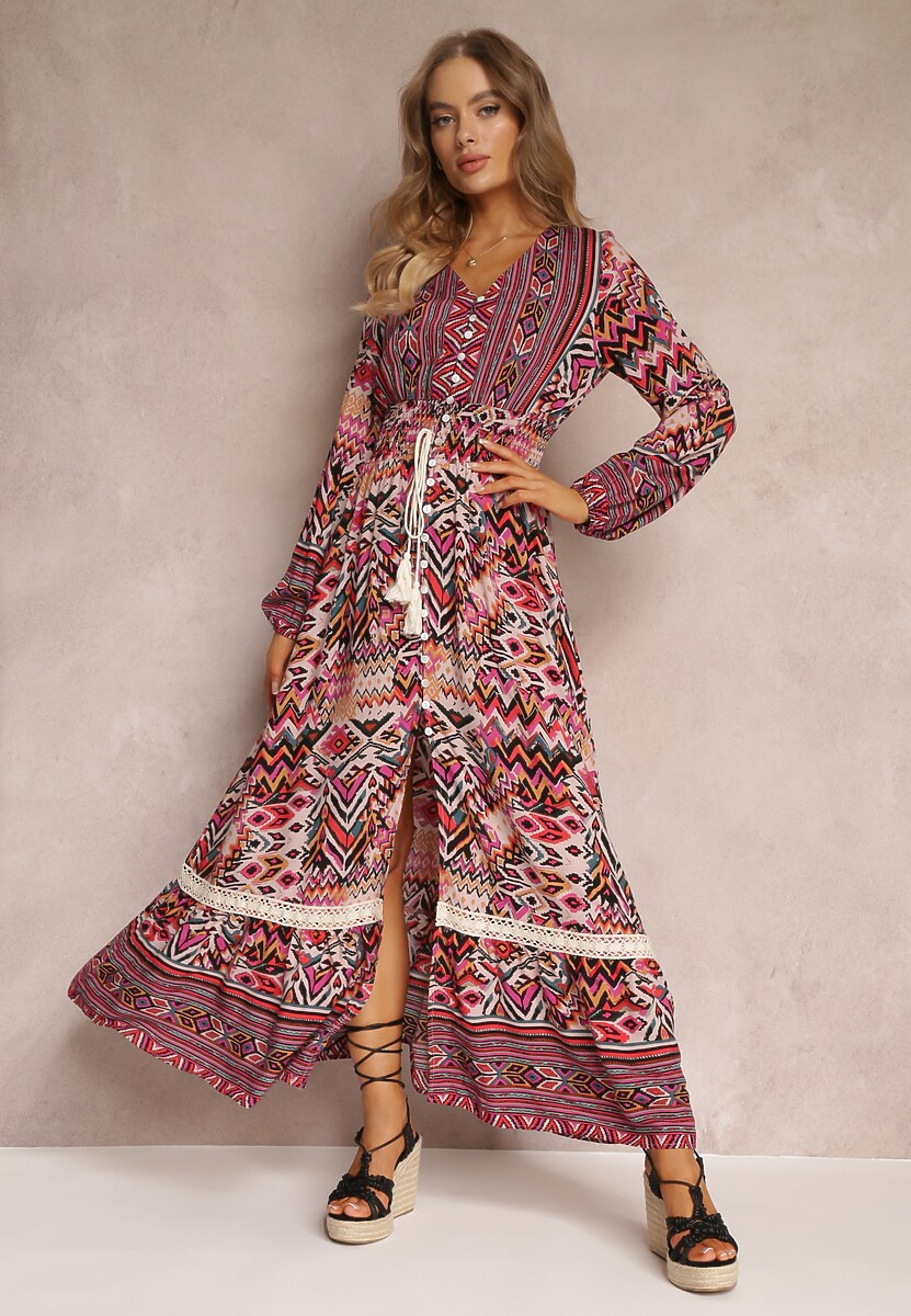 Fuksjowa Sukienka z Gumką w Talii w Etno Wzór Kapha