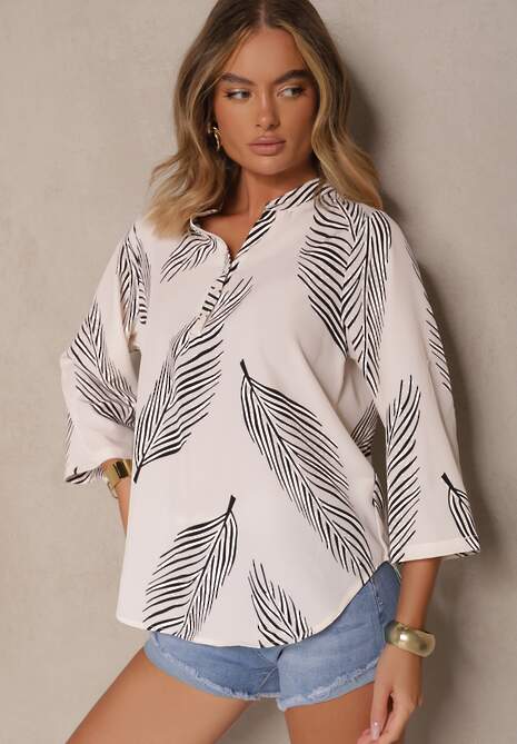 Jasnobeżowa Koszula z Bawełną i Motywem Liści Lumireline