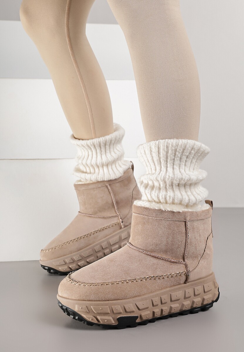 Ciemnobeżowe Śniegowce na Platformie Ozdobionej Tłoczeniem Apinelle