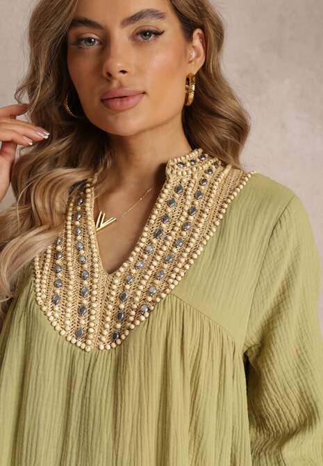 Zielona Rozkloszowana Sukienka Mini Ozdobiona Plecionką Przy Dekolcie Rufta