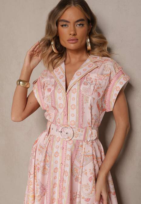 Różowa Sukienka z Lnu i Wiskozy o Koszulowym Kroju z Paskiem z Klamrą Aluvanna