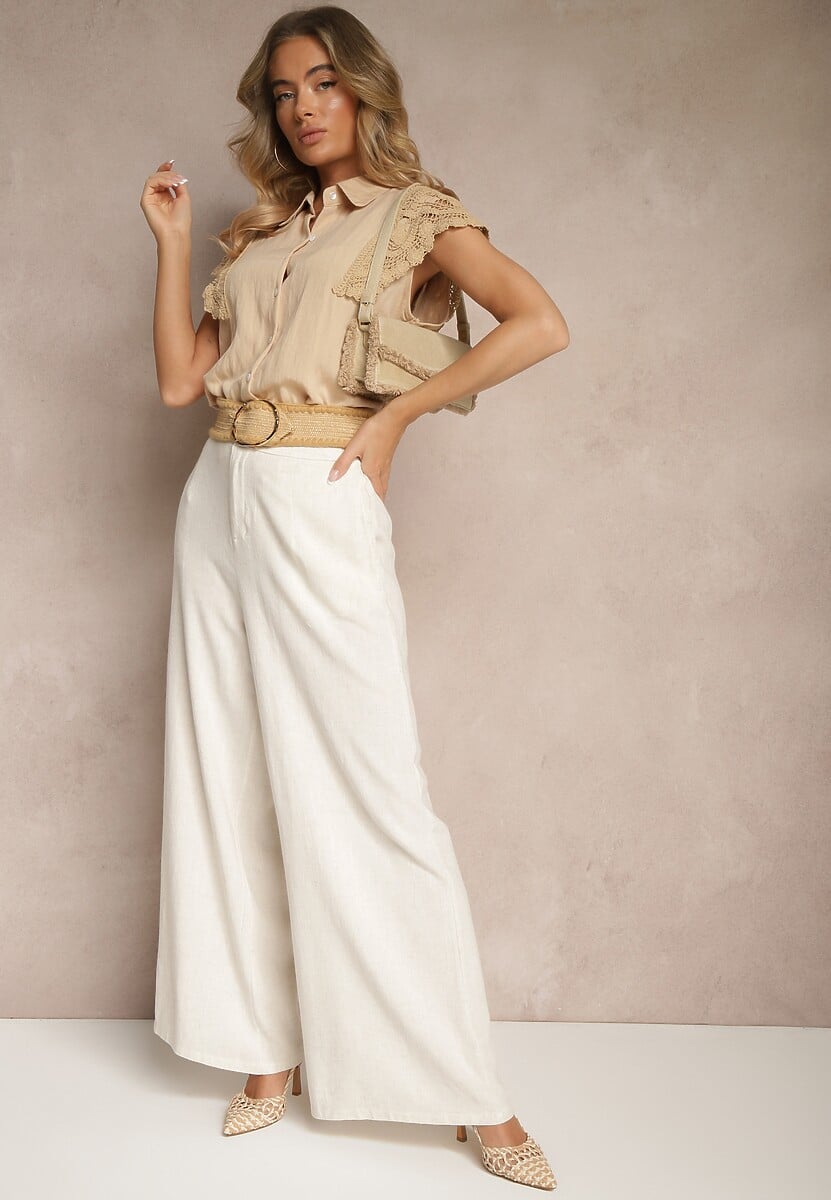 Beżowa Wiskozowa Koszula z Lnem i  Ażurowymi Rękawami Feniraen