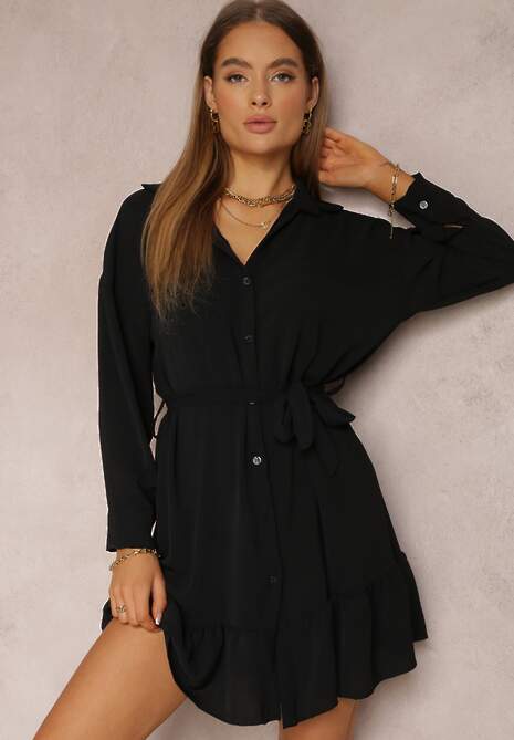 Czarna Sukienka Koszulowa z Falbanką i Wiązanym Paskiem Neitra