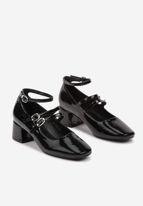 Czarne Czółenka Lakierowane na Słupku ze Sprzączkami i Paskami Lulina