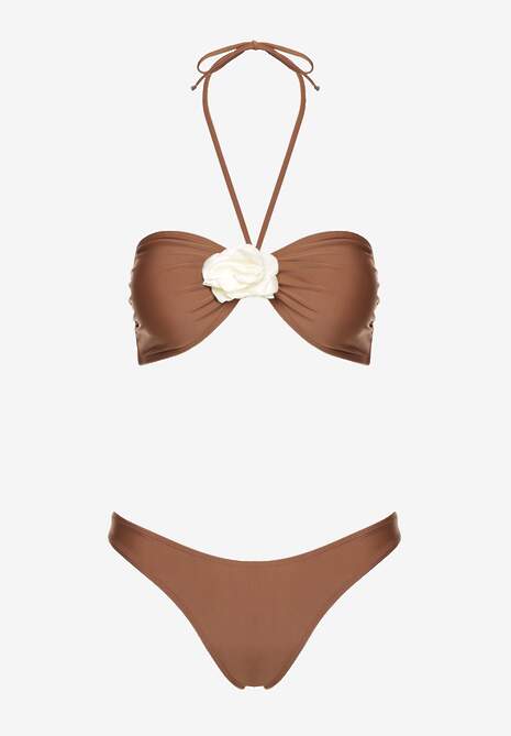 Brązowe Bikini ze Spódniczką Ozdobione Kwiatową Aplikacją 3D Coren