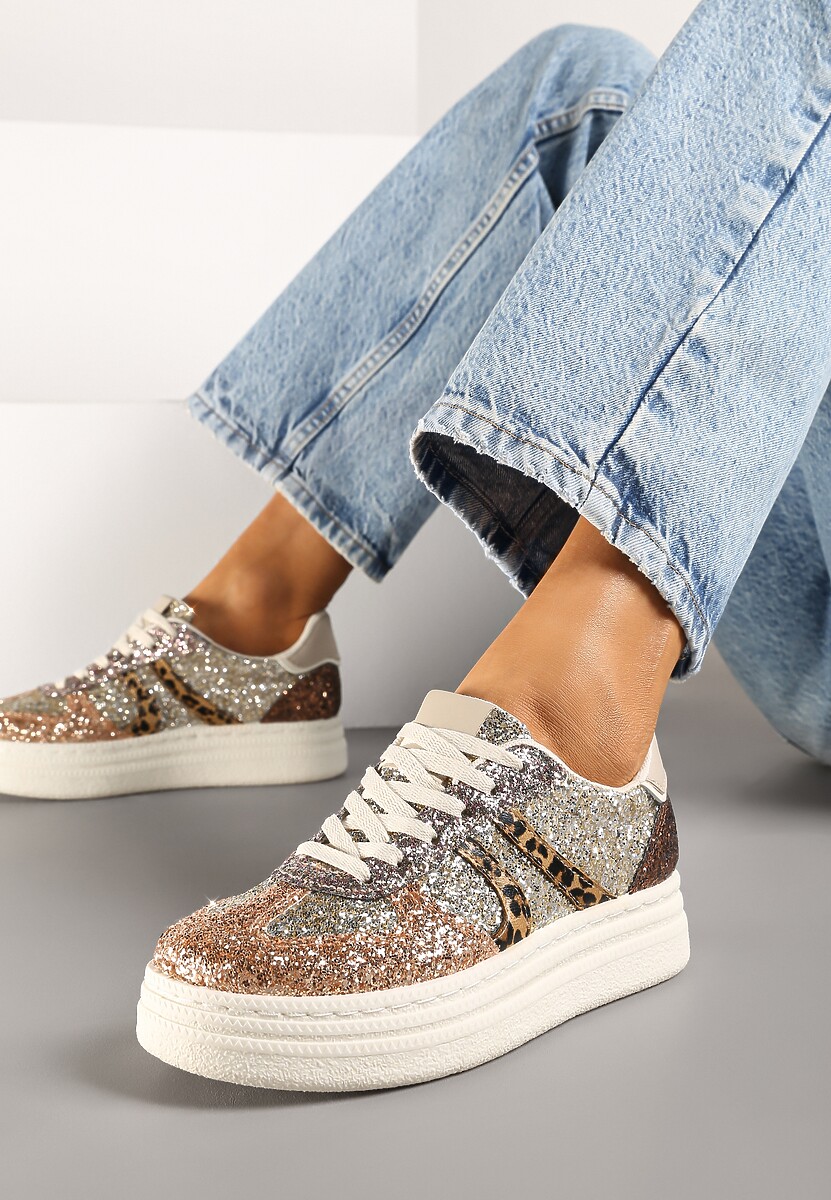Beżowo-Złote Brokatowe Sneakersy na Niskiej Platformie Nevilinna