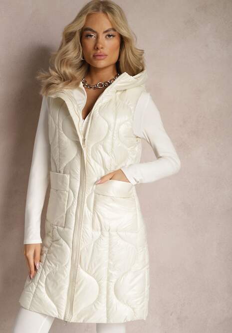 Jasnobeżowa Długa Kamizelka z Wsuwanymi Kieszeniami i Kapturem Manzella