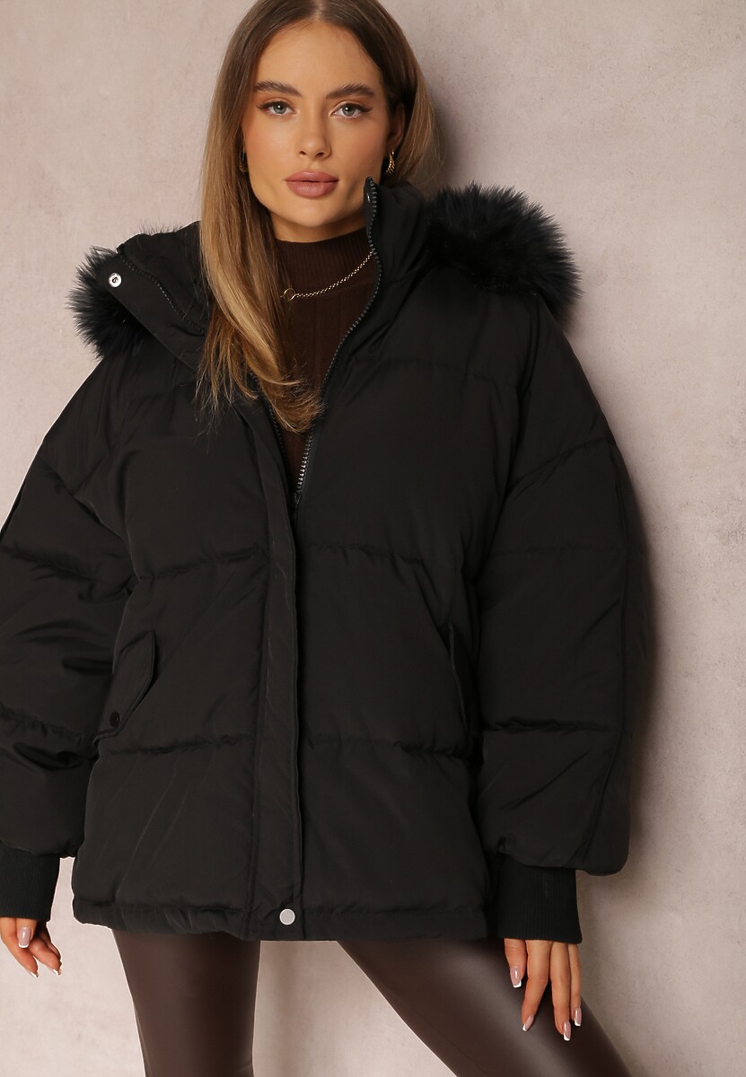 Czarna Kurtka Oversize z Futrzanym Kapturem Haduni