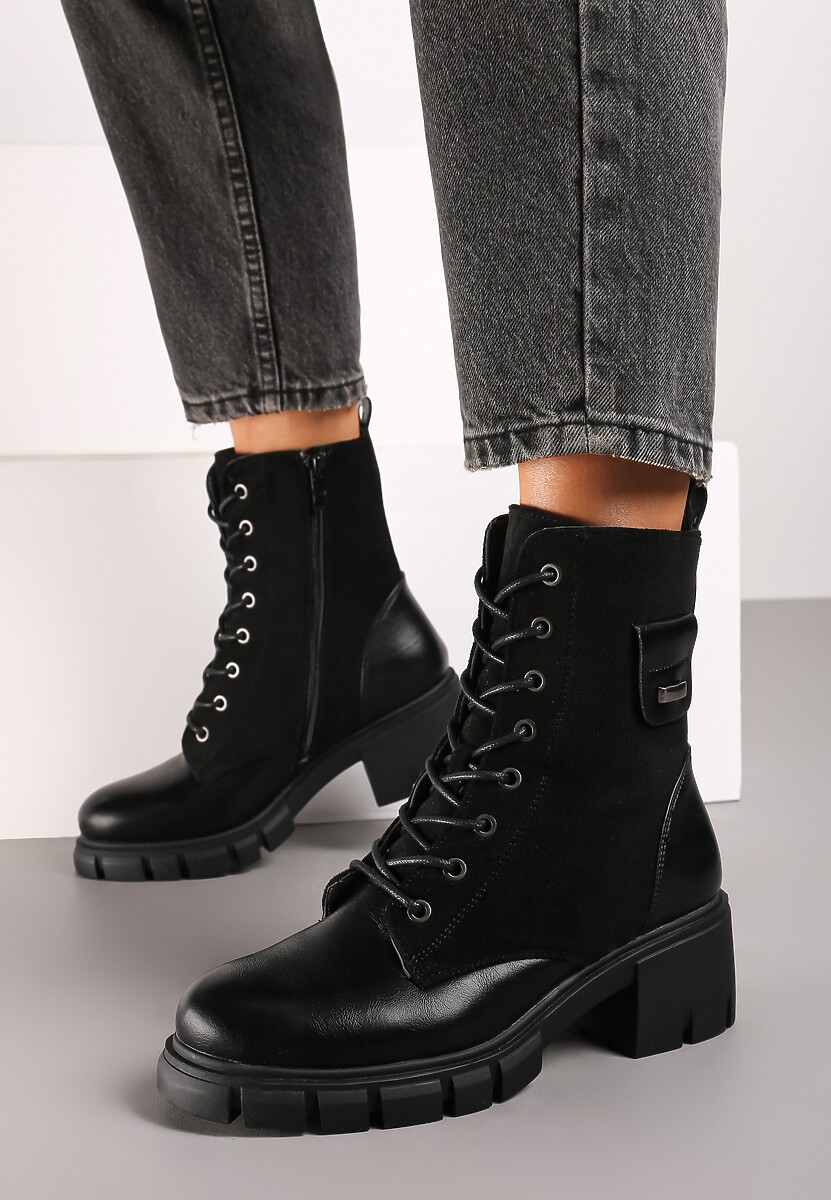 Czarne Botki na Tłoczonym Słupku i Platformie ze Sznurowaniem i Metaliczną Ozdobą Mezita
