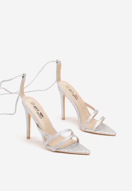 Srebrne Wiązane Sandały na Szpilce z Brokatem Asinae