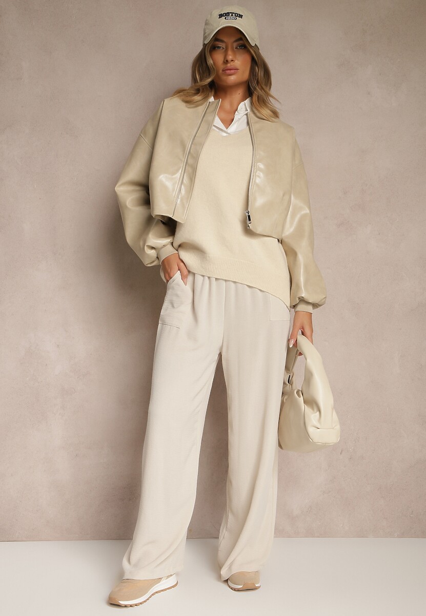 Beżowe Szerokie Spodnie z Wiskozą z Gumką w Pasie Lealirre