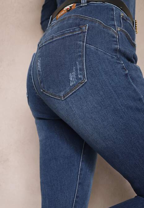 Granatowe Jeansy Skinny z Przedarciami i Łańcuszkami na Szlufkach Reila