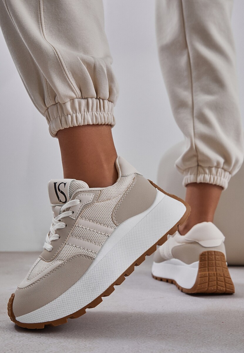 Beżowe Sznurowane Sneakersy Vices na Platformie z Ozdobnymi Paskami Seliniel