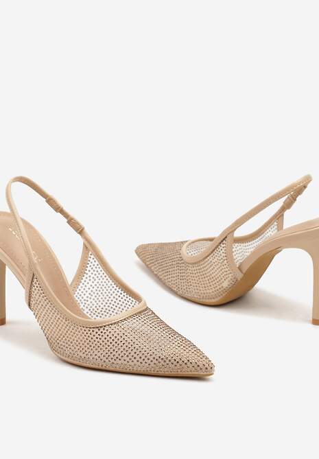 Beżowe Cyrkoniowe Szpilki ze Szpiczastym Noskiem i Odsłoniętą Piętą Sanaraia