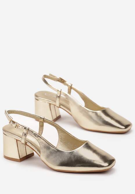Złote Sandały na Grubym Słupku z Otwartą Piętą Medola