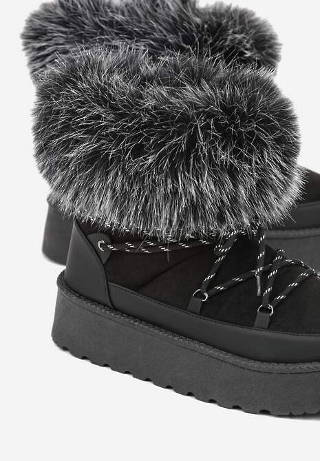 Czarne Śniegowce na Platformie Ozdobione Futerkiem Teswena