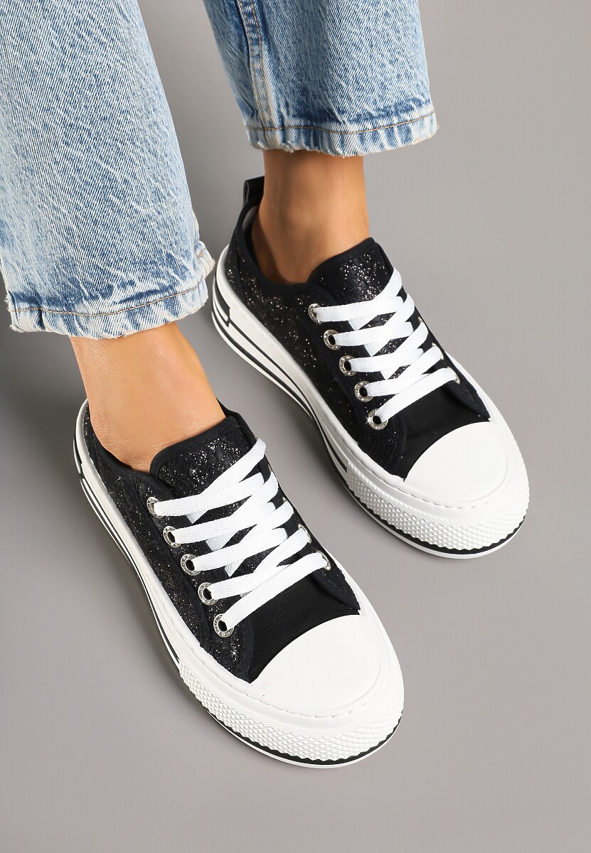 Czarne Trampki na Platformie z Niską Cholewką i Koronką Jenalora