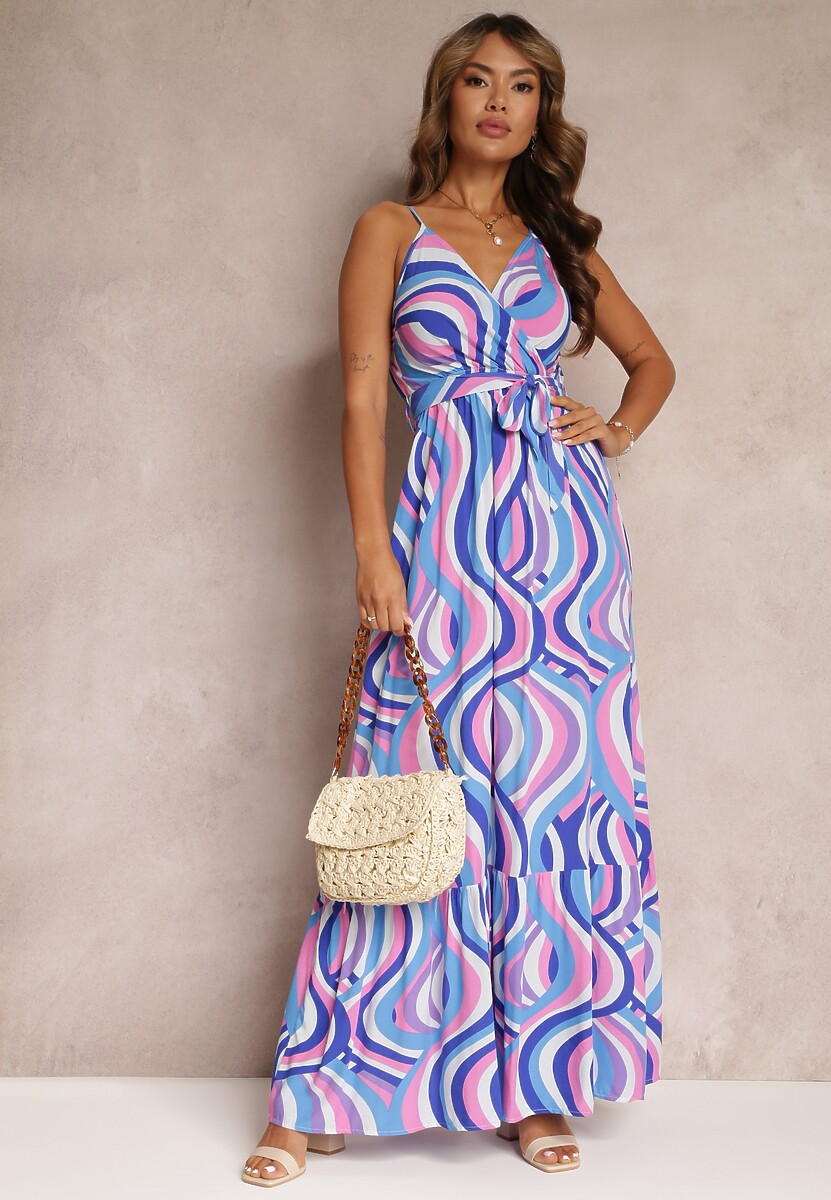 Niebieska Rozkloszowana Sukienka Maxi z Wiskozy z Gumką w Pasie i Kopertowym Dekoltem Mailen