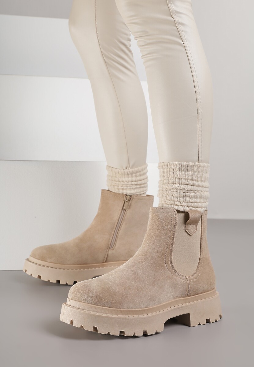 Beżowe Botki Sztyblety na Grubej Podeszwie Liraelia