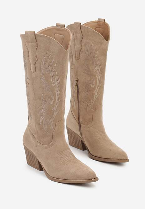 Ciemnobeżowe Klasyczne Kozaki Kowbojki na Stożku Zdobione Haftem Nallesia