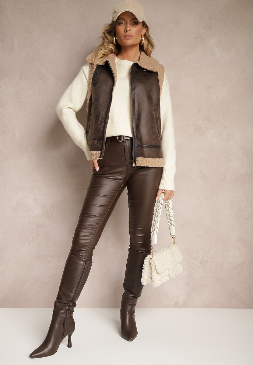 Brązowa Kamizelka Ozdobiona Wstawkami z Futerka Reaelia